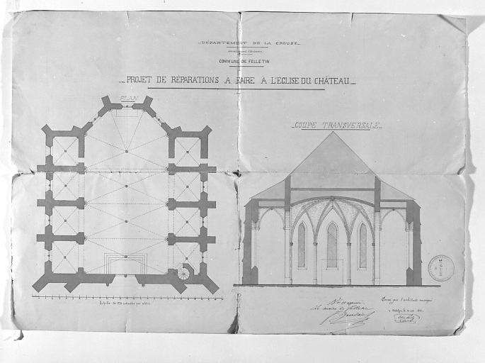 Projet de réparations à faire à l'église du Château dressé par l'architecte Elie Pauly, le 20 mai 1866 et comprenant un plan et une coupe transversale. Echelle 0, 01 cm par mètre.