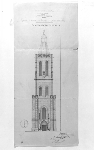 Projet de réparations à faire à l'église du Moutier dressé par Elie Pauly, le 20 mai 1866. Elévation principale du clocher ; échelle 1:100.