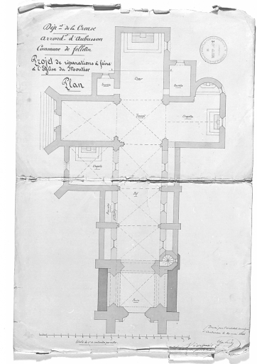 Projet de réparations à faire à l'église du Moutier dressé par Elie Pauly, le 20 mai 1866. Plan de l'église ; échelle 1:100.