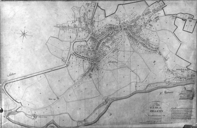 Plan cadastral de la ville de Felletin (section D et partie des sections A et B) levé en 1817 par le géomètre de première classe Leudière ; échelle 1:1250.