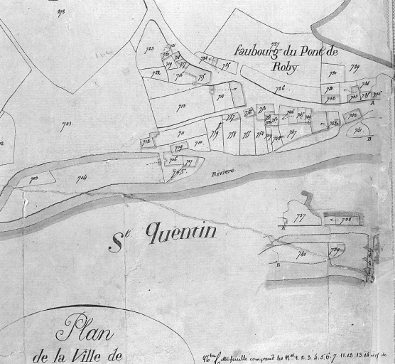 Plan cadastral de la ville de Felletin levé en 1817 par le géomètre de première classe Leudière ; échelle 1:1250. Détail de la section D (faubourg du Pont de Roby).