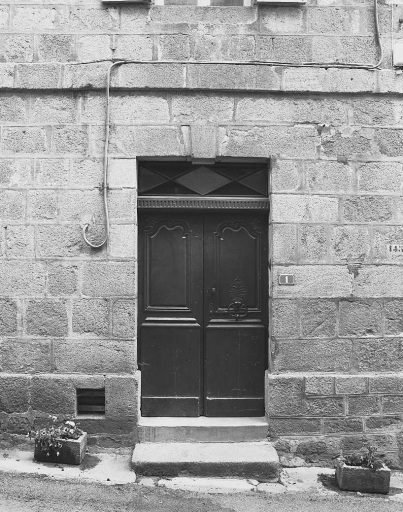 1 petite rue du Clocher (partie nord). Maison (AL 768 nord). Vue de détail de l'élévation antérieure montrant la porte d'entrée. Les panneaux supérieurs des vantaux, aux moulurations chantournées, sont agrémentées d'un motif floral ; le vantail droit a conservé son heurtoir.