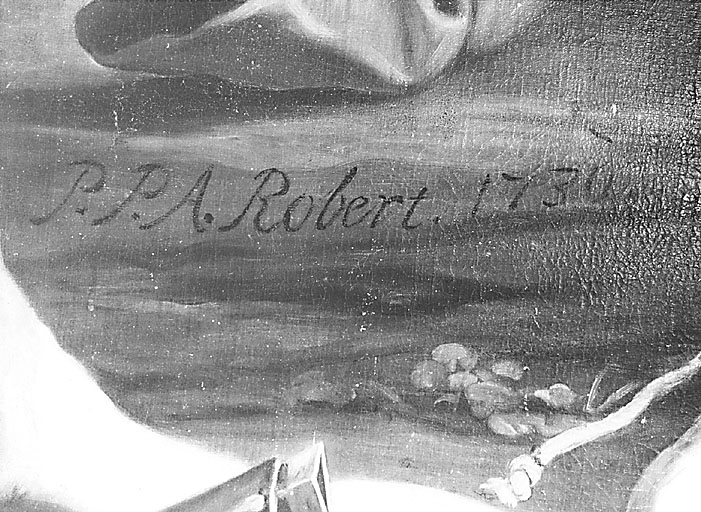 Après la restauration du premier semestre 2002. Vue de la signature et de la date visibles sous le bras droit du martyr : 'P.P.A. Robert 1730'.