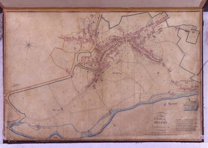 Plan cadastral de la ville de Felletin (section D et partie des sections A et B) levé en 1817 par le géomètre de première classe Leudière ; échelle 1:1250.