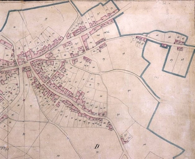 Plan de la ville de Felletin levé en 1817 par le géomètre de première classe Leudière ; échelle 1:1250. Vue de la partie sud (la Font à l'Anel et Chanteloube).