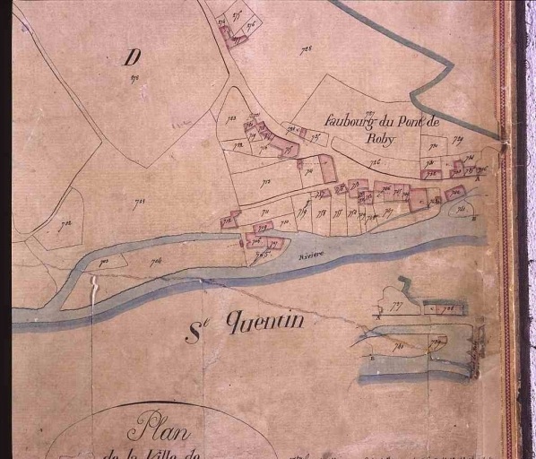 Plan de la ville de Felletin levé en 1817 par le géomètre de première classe Leudière ; échelle 1:1250. Vue du faubourg sud : faubourg du Pont Roby.