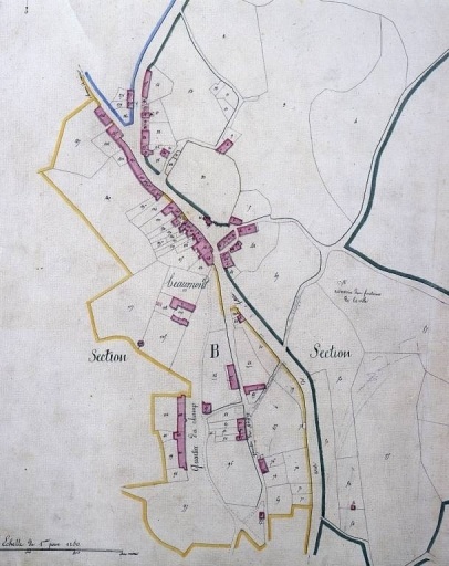 Extrait du plan cadastral de 1817, Plan de Beaumont, échelle 1:2500, (nom du géomètre non mentionné). Vue concernant le secteur de Beaumont.