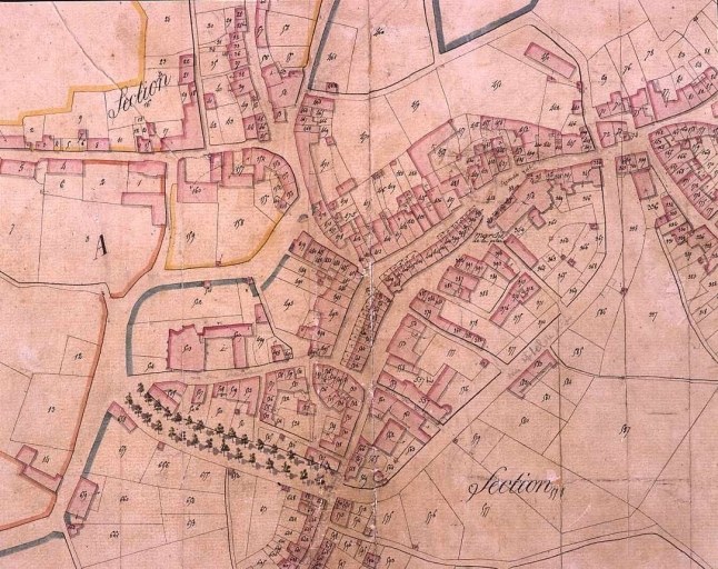 Plan de la ville de Felletin levé en 1817 par le géomètre de première classe Leudière ; échelle 1:1250. Centre ville : vue partielle de la partie sud-ouest.