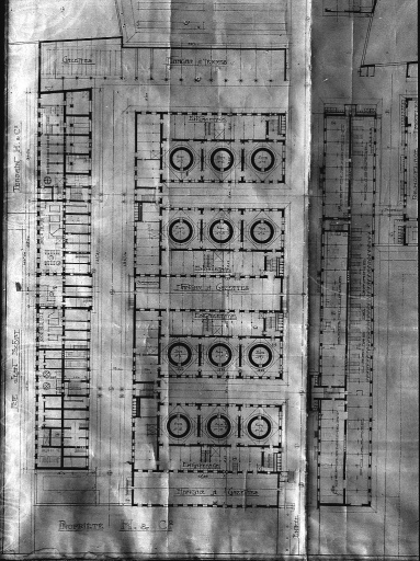 Plan de l'usine du Mas-Loubier (rez-de-chaussée). Détail : ateliers de fabrication et bâtiments des fours.