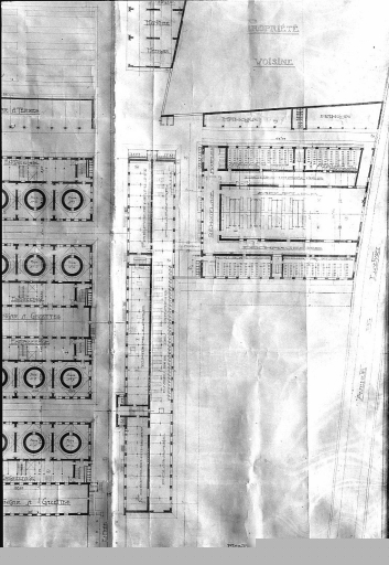 Plan de l'usine du Mas-Loubier (rez-de-chaussée). Détail : ateliers de défournement, polissage..., ateliers de décoration et halle des moufles.