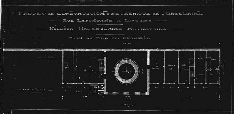 'Projet de construction d'une fabrique de porcelaine rue Lafontaine - Limoges - Monsieur Madesclaire propriétaire - Plan du rez-de-chaussée [1920]'.