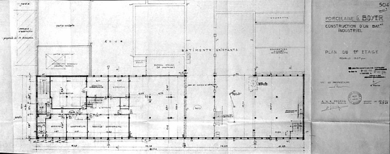 'Porcelaine G. Boyer - Construction d'un bâtiment industriel - Plan du rez-de-chaussée - A. et B. Pecaud architectes - Dressé le 28/07/1965 - Modifié le 7/09/1965 - Plan n° 503'.