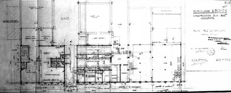 'Porcelaine G. Boyer - Construction d'un bâtiment industriel - Plan du 1er étage - A. et B. Pecaud architectes - Dressé le 28/07/1965 Modifié le 7/09/1965 - Plan n° 504'.