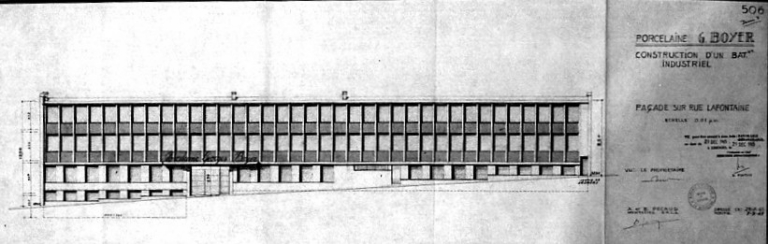 'Porcelaine G. Boyer - Construction d'un bâtiment industriel - Façade sur rue Lafontaine - A. et B. Pecaud architectes - Dressé le 28/07/1965 - Modifié le 7/09/1965 - Plan n° 506'.