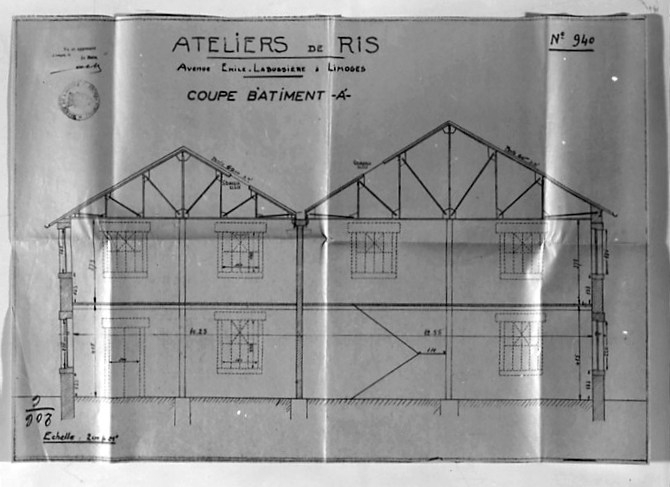 'Atelier de Ris - Avenue Emile-Labussière à limoges - Coupe bâtiment A' - Plan n° 940'.