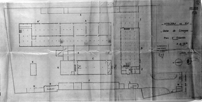 'Ateliers de Ris - Usine de Limoges - Plan d'ensemble - Rez-de-chaussée - Limoges, le 2 juin 1940' - Plan n° 1002 - 60 003 - pl 1/2'.