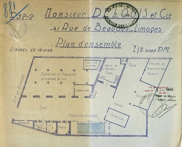 'Monsieur Delouis et Cie - 41 rue de Beaupuy - Limoges - Plan d'ensemble - Limoges, le 16/11/45 - Plan n° P-32-2'.
