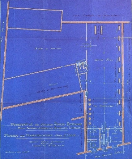 'Propriété de Monsieur Brun-Buisson, rue François-Chénieux et Bobillot - Limoges - Projet de construction d'une usine - Dressé par les architectes soussignés [Jouhaud de Verdier et Marcel Moreau] - Limoges, le 18 Juillet 1923'.