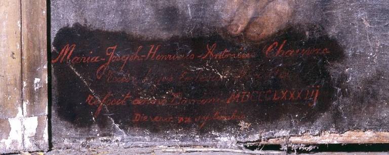 Détail de l'inscription : Maria-Joseph-Henricus-Antonius Chauvac rector hujus ecclesia Noaill[ ] refecit anno Domini MDCCCLXXXIII Die vero XX septembrio.