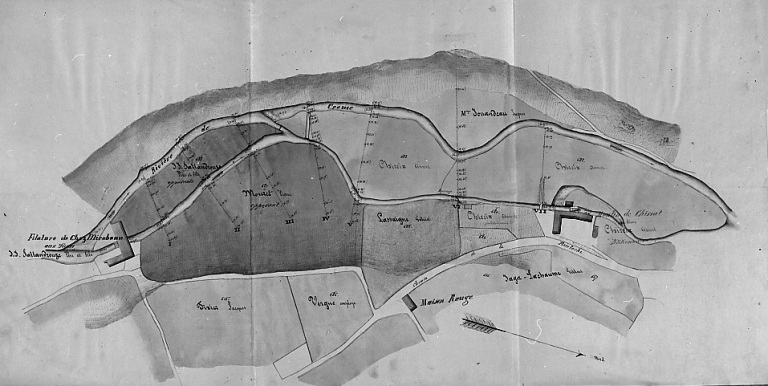 Implantation du moulin de Chissat sur une dérivation de la Creuse, en 1860. Sur le plan figure en amont, l'emplacement de la 'filature de chez Mirebeau' appartenant aux sieurs Sallandrouze.