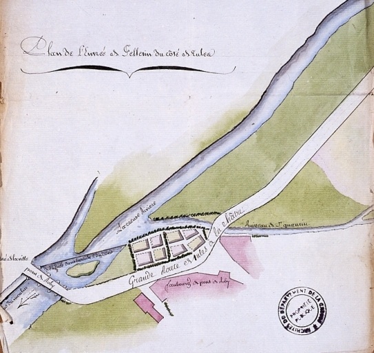 Plan de l'entrée de Felletin du côté de Tulle, montrant le 'pont de Roby' vers 1798.