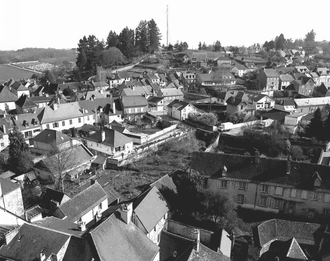 Vue, depuis le clocher de l'église du Moutier, montrant la partie est de la ville (route de Crocq, rue de Beaumont et en arrière-plan, le site de l'ancien château de Beaumont, sur lequel a été érigée une antenne).