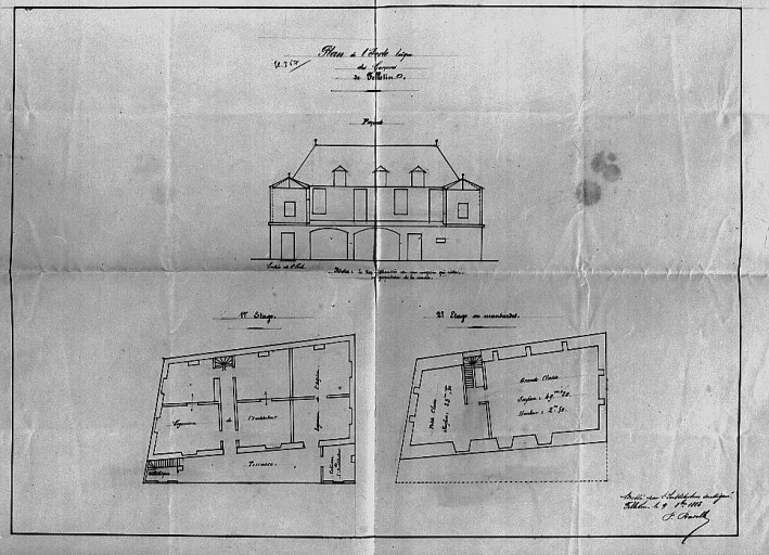 Elévation sur rue et plans des 1er et 2e étages d'une maison située à l'angle de la rue des Tours de l'Horloge et de la route de Crocq (section AM, parcelle 66) ; cette maison, aujourd'hui démolie, a abrité l'école publique laïque de garçons. Plans dressés par l'instituteur Pradelle, le 9 août 1883.