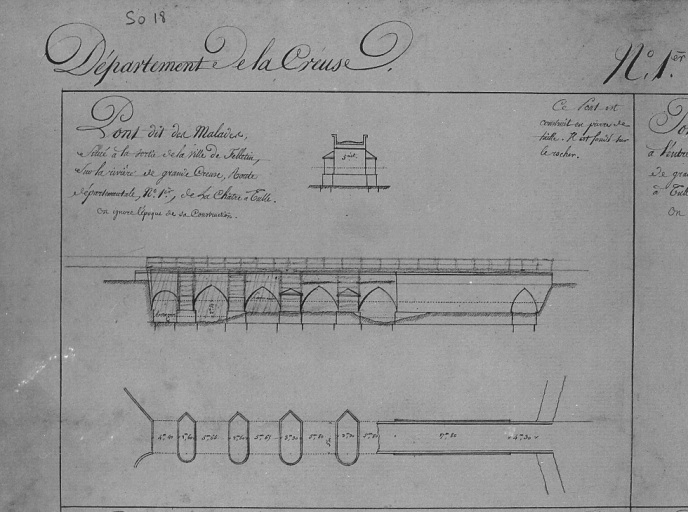 Coupe transversale, élévation longitudinale et plan, relatifs au 'Pont dit des Malades situé à la sortie de la ville de Felletin, sur la rivière de Grande Creuse, route départementale n° 1, de la Châtre à Tulle'.