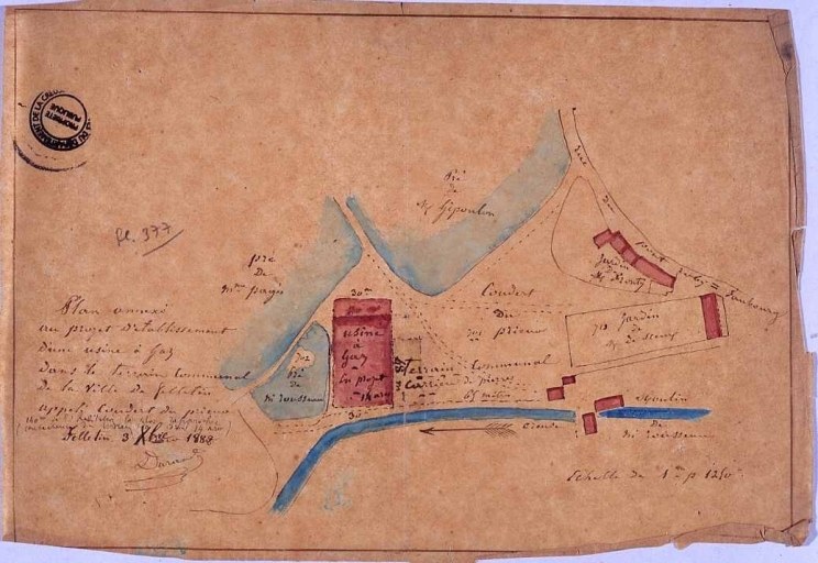 Projet de construction d'une usine à gaz, sur une parcelle de terrain appelée 'le coudert du prieur'. Plan annexé au projet d'établissement, 3 déc.1882.