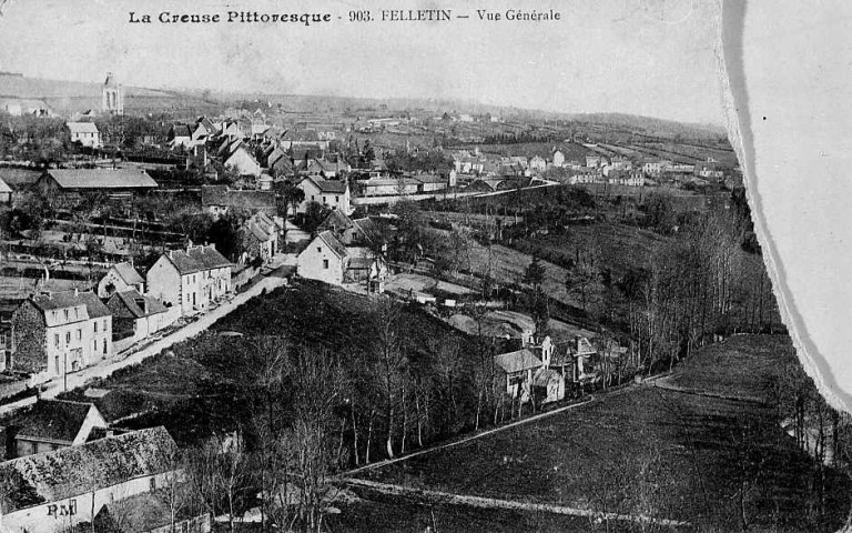 Vue d'ensemble, depuis le nord-ouest, de la ville, avec, en premier plan, une partie de la rue de la Maison-Rouge, le moulin de Chissat et le premier site de la diamanterie.