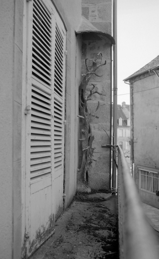 7 rue des Tours de l'Horloge. Maison (AM 58). Elément réalisé en ciment armé et représentant un tronc d'arbre ; ornant le balcon du premier étage, il devait tenir office de perchoir pour les oiseaux. Vue latérale.