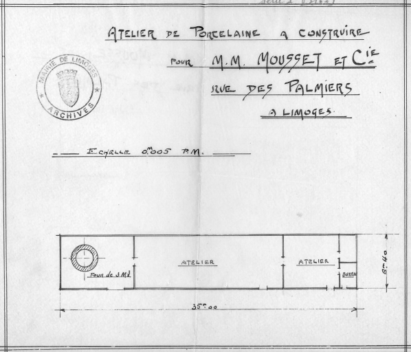 'Atelier de porcelaine à construire pour M.M. Mousset et Cie - rue des Palmiers à Limoges'. Projet de 1924.