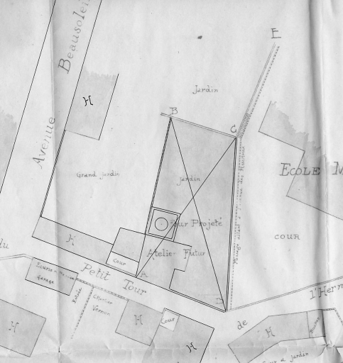 'Fabrique de porcelaine Chaufriasse Penot et Rougerie - Plan des abords'. Détail extrait du plan joint à la demande d'établissement d'un four en juin 1920.