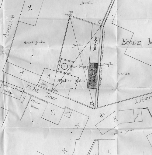 'Fabrique de porcelaine Chaufriasse Penot et Rougerie - Plan des abords'. Détail extrait du plan joint à la demande d'établissement d'un four en juillet 1925.