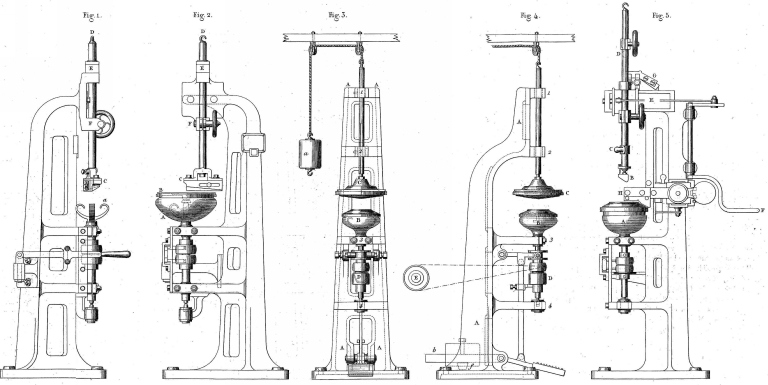 'Machines-outils à fabriquer les assiettes en porcelaine, par M. Faure'. Les trois machines conçues en 1870 par P. Faure pour la mécanisation de la fabrication des assiettes. Fig. 1-2 : première machine - Machine à faire les croûtes. Fig. 3-4 : deuxième machine - Machine à centrer. Fig. 5 : troisième machine - Machine à mouler et calibrer.