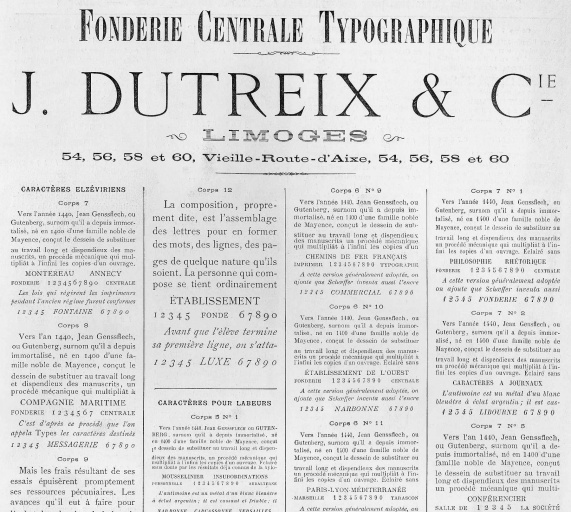 Catalogue de la Fonderie Centrale Typographique J. Dutreix et Cie [avant 1914] - Extrait de la première page.