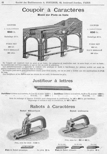 Coupoir à caractère présenté dans un catalogue de la Société des Etablissements A. Foucher daté de 1905, du même type que le coupoir à caractère du constructeur Laurent Debarny de l'usine France Fonderies Typographiques.
