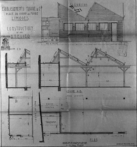 'Etablissements Faure & Cie - Place du Champ de Foire - Limoges - Construction d'un atelier - Dressé par les architectes diplômés soussignés à Limoges le 11 dec. 1941, X. G. Gay-Bellile'.