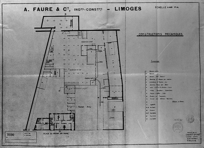 'A. Faure & Cie, ing.-const. -Limoges - Constructions mécaniques Dressé par le cabinet Lecart (ingénieurs experts - Toulouse). N°5030'. Plan masse des ateliers en 1944.