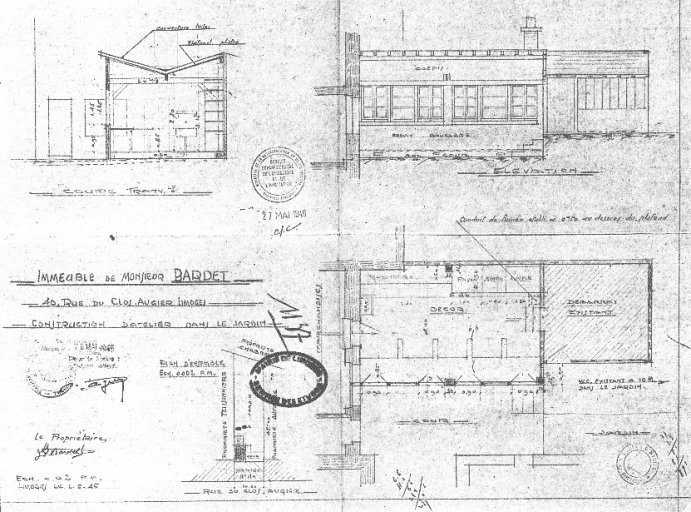 'Immeuble de Monsieur Bardet - 40 rue du Clos-Augier - Construction d'atelier dans le jardin'. Plan masse, coupe et élévation réalisés en 1945.
