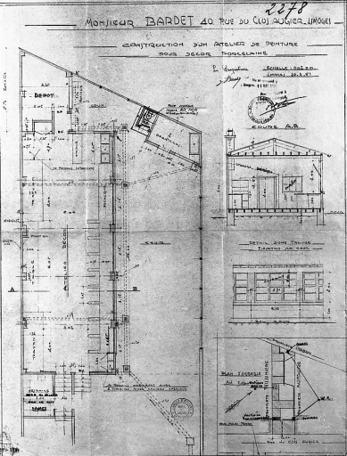'Monsieur Bardet - 40 rue du Clos-Augier - limoges - Construction d'un atelier de peinture pour décor porcelaine'. Plan masse, coupe et élévation réalisés en 1951.