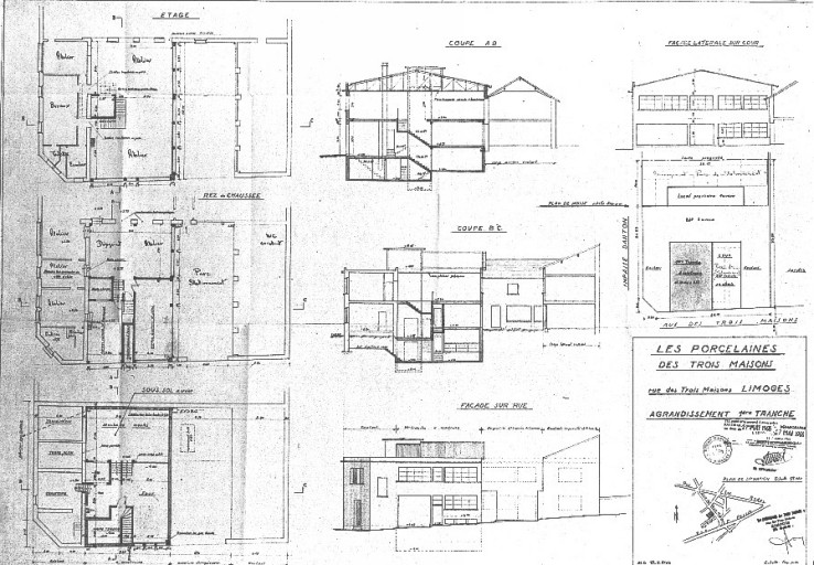 'Les Porcelaines des Trois-Maisons - rue des Trois-Maisons, Limoges - Agrandissement 1ère tranche - MD 15/02/1966' - Plan du premier projet d'extension. Plans des différents niveaux avec affectation des ateliers, coupes et élévation.