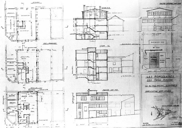 'Les Porcelaines des Trois-Maisons - rue des Trois-Maisons, Limoges - Surélévation 2ème étage - 28/01/1969'. Plans des différents niveaux avec affectation des ateliers, coupes et élévation.