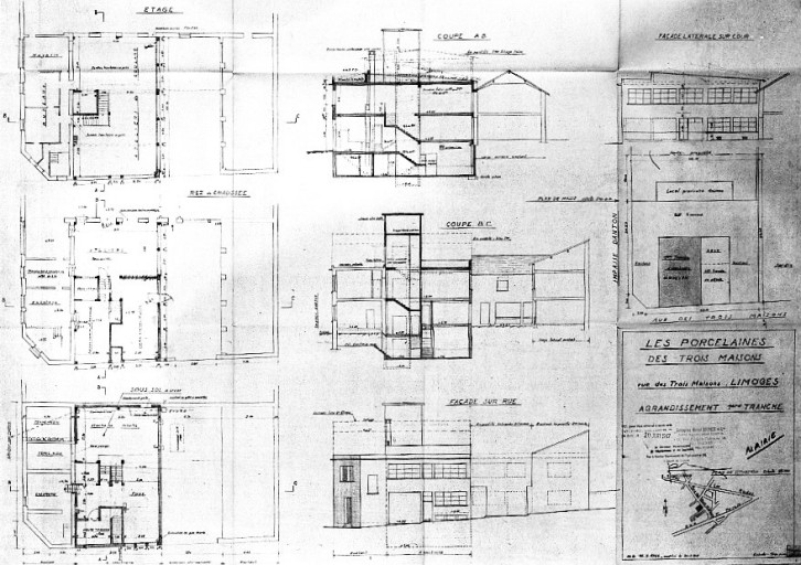 'Les Porcelaines des Trois-Maisons - rue des Trois-Maisons, Limoges - Agrandissement 1ère tranche - MD 15/02/1966 modifié le 20/05/1967' - Plan du second projet d'extension. Plans des différents niveaux avec affectation des ateliers, coupes et élévation.