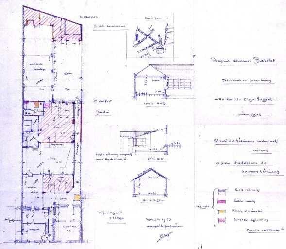 'Monsieur Bardet - Fabricant de porcelaines - 40 rue du Clos-Augier - limoges Relevé des bâtiments industriels existants et plan d'addition des nouveaux bâtiments'. Plan masse, coupe et élévation réalisés en 1963.