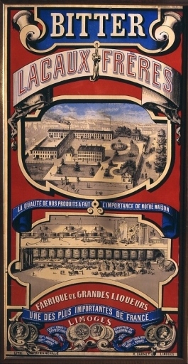 Panneau publicitaire de la distillerie Lacaux Frères des années 1880 : l'illustration du bas donne une vision, sans doute exagérée, des chais.