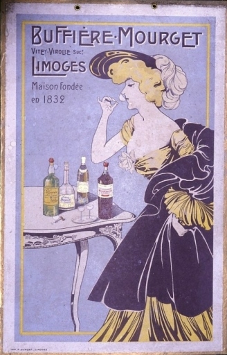 Affiche publicitaire collée sur carton de la distillerie Buffière-Mourguet, implantée sur le site de 1914 à 1943 environ (28 x 43 cm, imprimerie Dumont de Limoges).