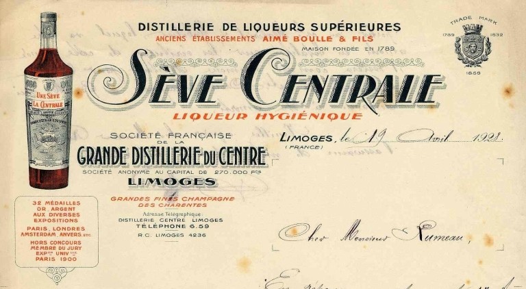Représentation de la bouteille d'apéritif 'Sève Centrale' vers 1928.