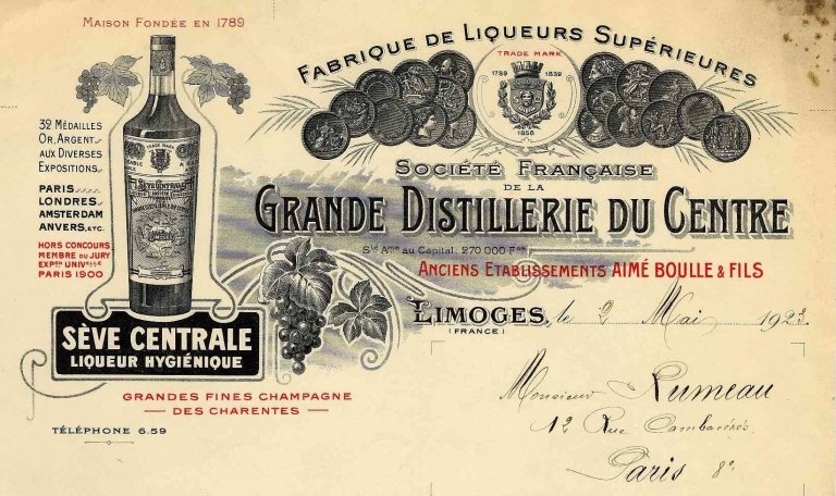 Représentation de la bouteille d'apéritif 'Sève Centrale' au début des années 1920.
