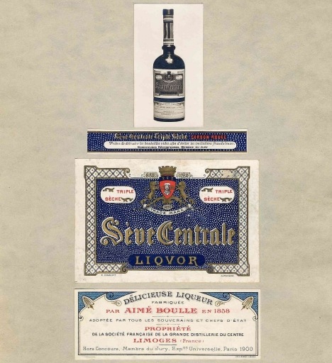 Etiquettes destinées aux bouteilles d'apéritif 'Sève Centrale'.